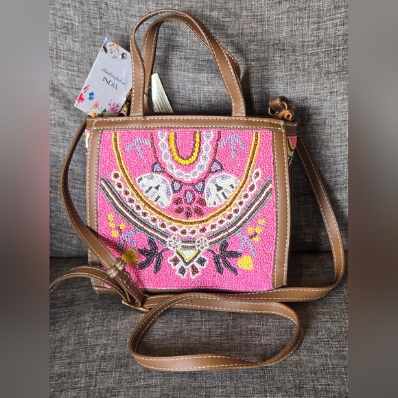 Made in India Handbags - Viral Handmade Pink Beaded Tote Bag Crossbody Purse With Leather Straps NWT